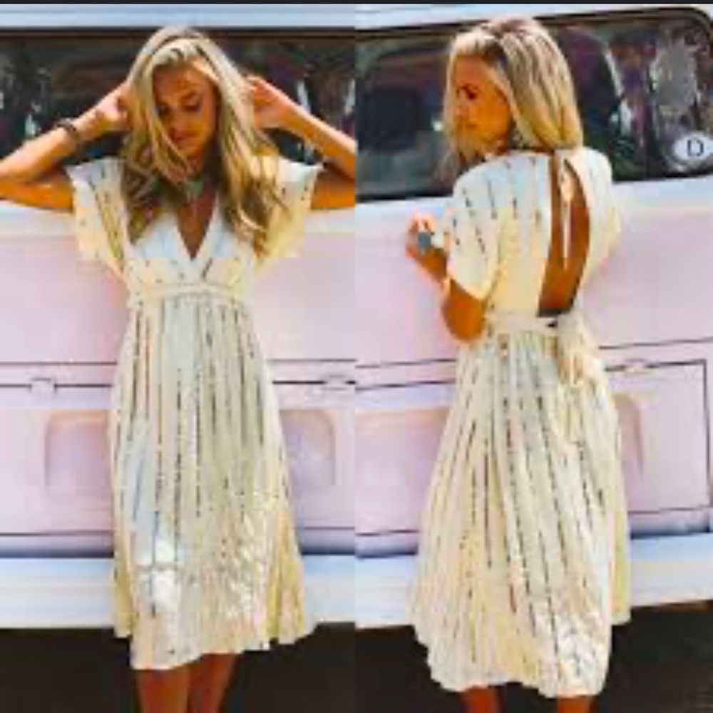 By Together ivory V cleavage gold sequin detail open back gauzy‎ dress Sz L new